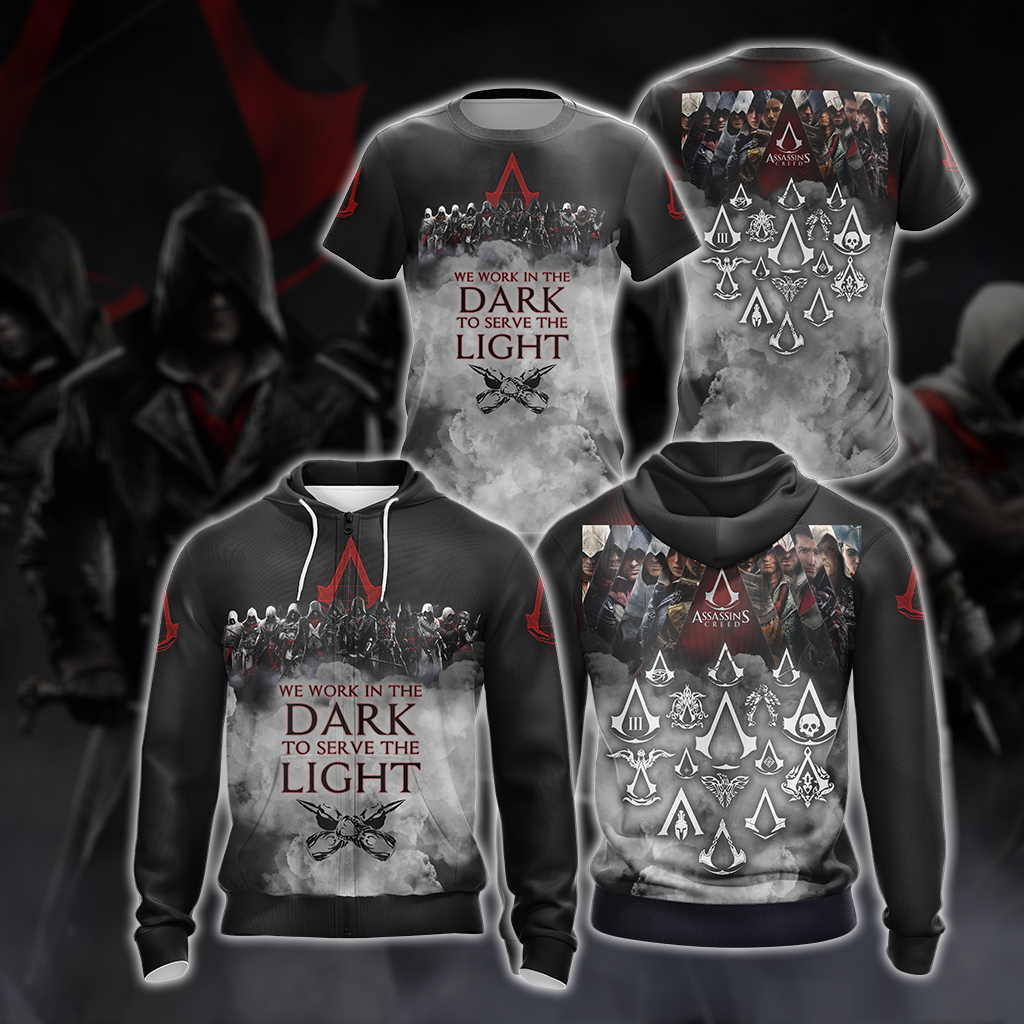 Assassin's Creed All Games Logos 'We work in the dark to serve the light' Unisex 3D T-shirt Zip Hoodie Pullover Hoodie