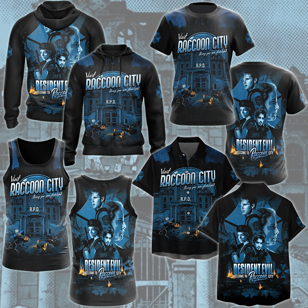 Resident Evil 'Visit Raccoon City' Video Game MAll Over Printed T-shirt Tank Top Zip Hoodie Pullover Hoodie Hawaiian Shirt Beach Shorts Joggers