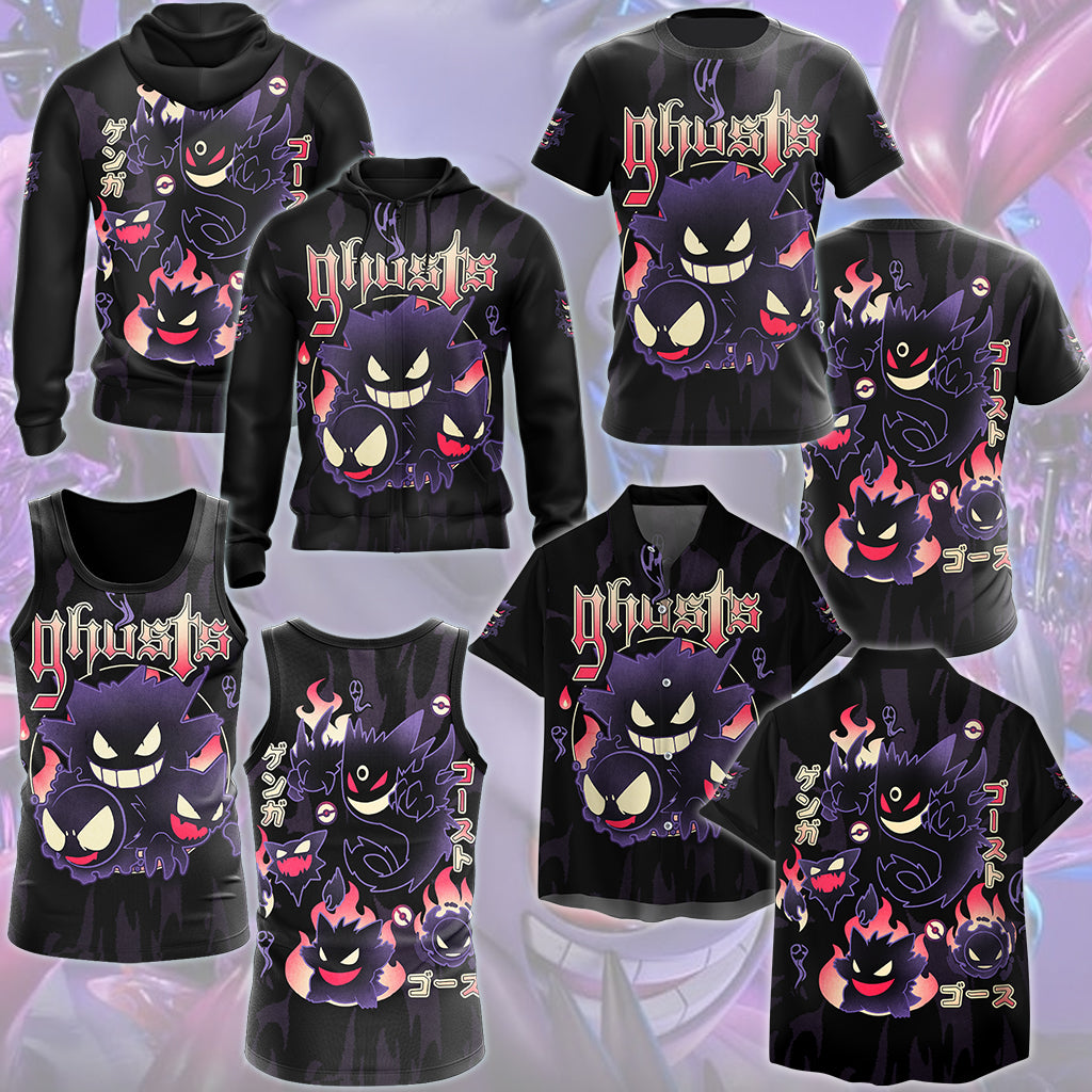 Pokemon Gengar Evolutions Video Game All Over Printed T-shirt Tank Top Zip Hoodie Pullover Hoodie Hawaiian Shirt Beach Shorts Joggers