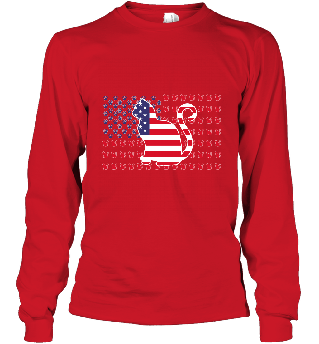 American Flag Cats Lovers Shirt Long Sleeve T-Shirt Red