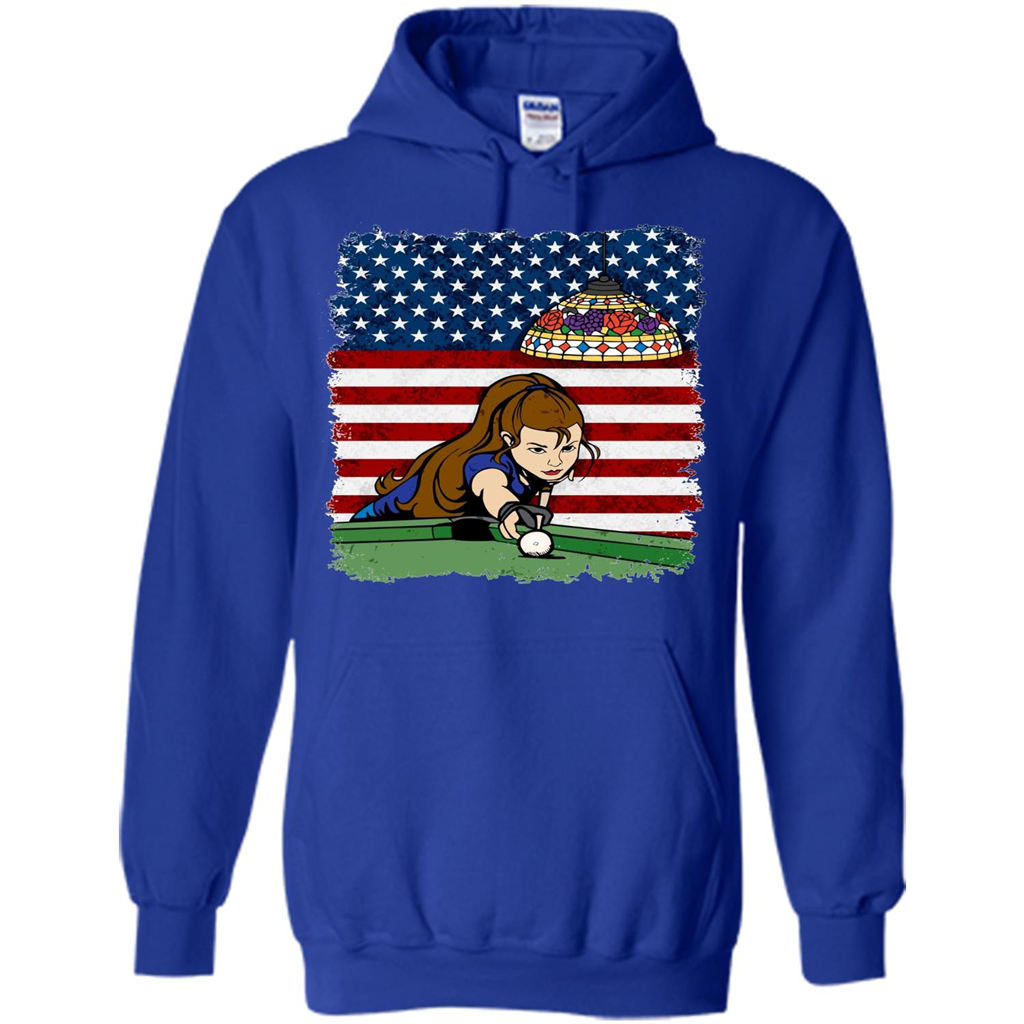 Female Pool Player on American Flag Patriotic T-shirt Royal