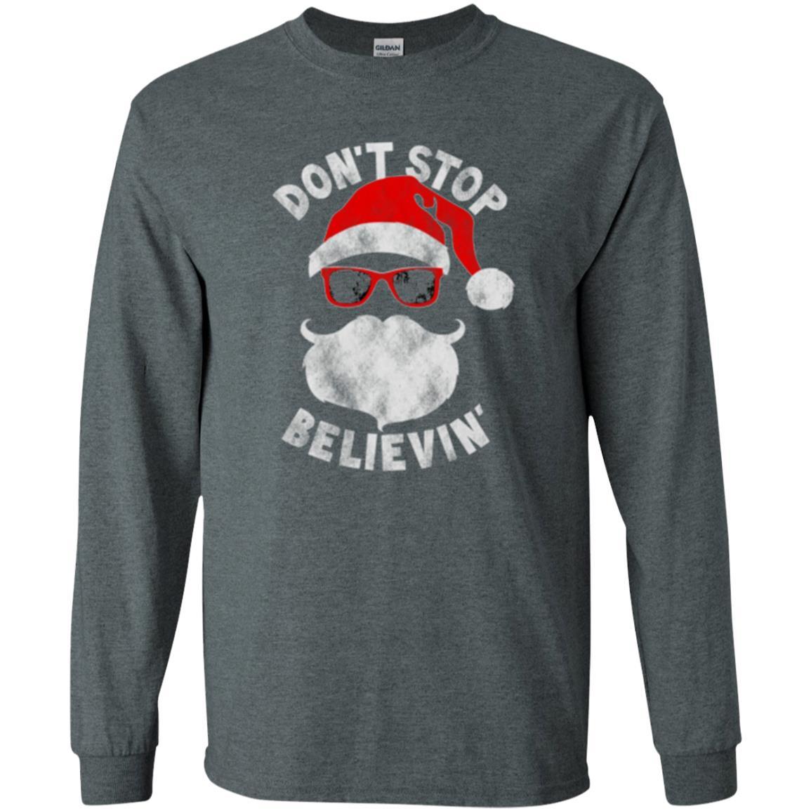 Christmas T-shirt Don't Stop Believing Cool Shades Santa Dark Heather