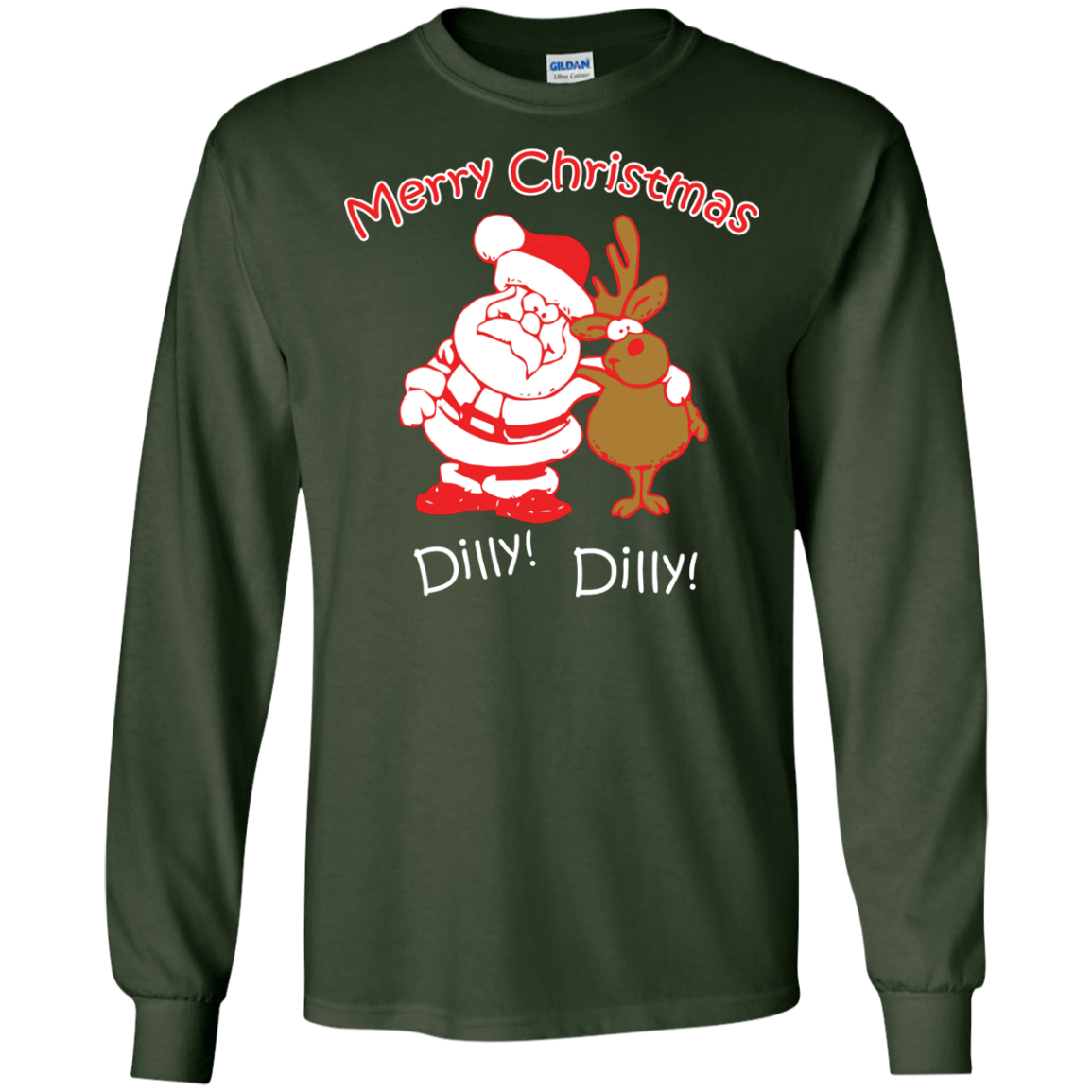 Christmas T-Shirt Merry Christmas Santa And Reindeer Dilly! Dilly! Forest Green