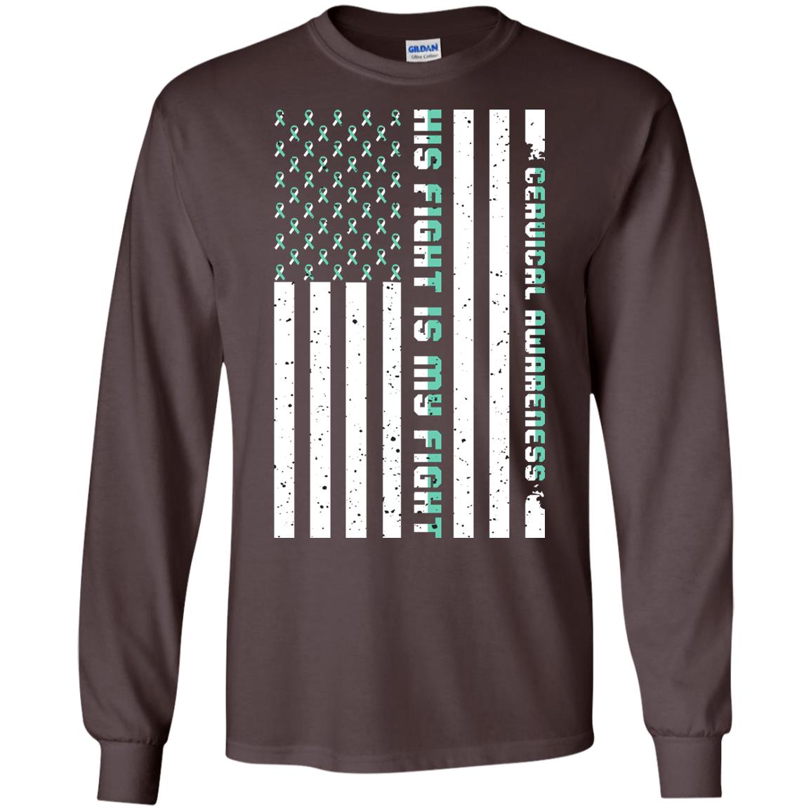 Cervical Awareness His Fight Is My Fight Teal White Stars Flag Of Usa Shirt Dark Chocolate