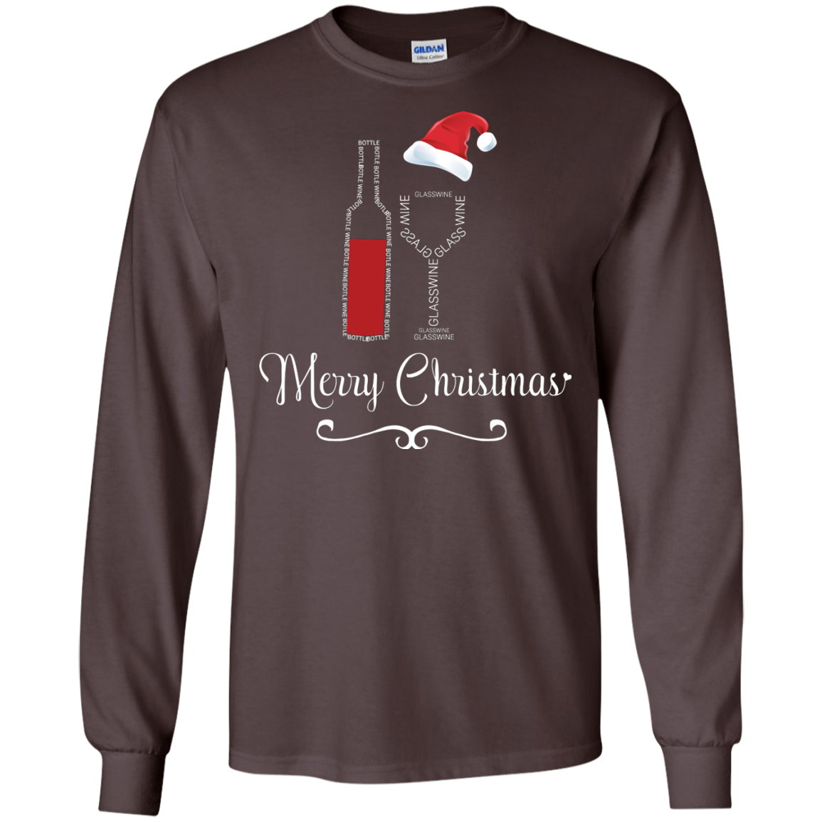 Christmas T-shirt Merry Christmas With Wine Botle And Glass Wine Dark Chocolate