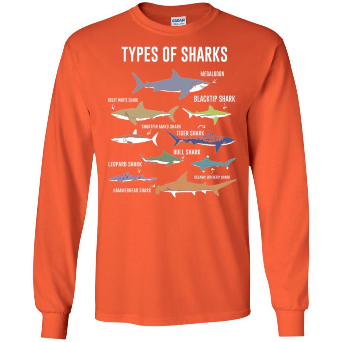 Shark Lover T-shirt 9 Types Of Sharks Ocean Orange