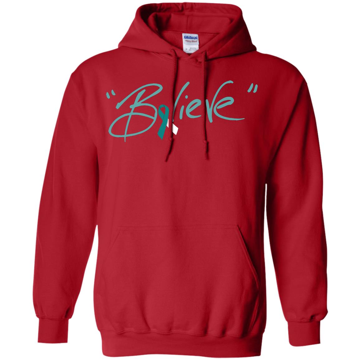Cervical Cancer Awareness Shirt Teal White Ribbon Believe Red