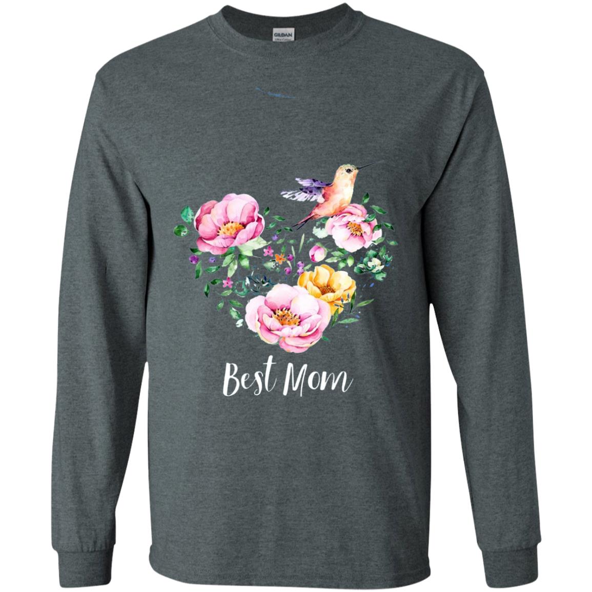 Best Mom Hummingbird Flower Heart Mommy Shirt Dark Heather