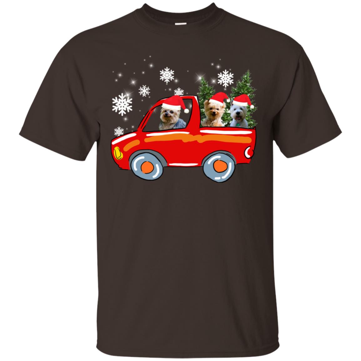 Yorkshire Terrier Dogs On Car Merry Christmas Gift Shirt Dark Chocolate
