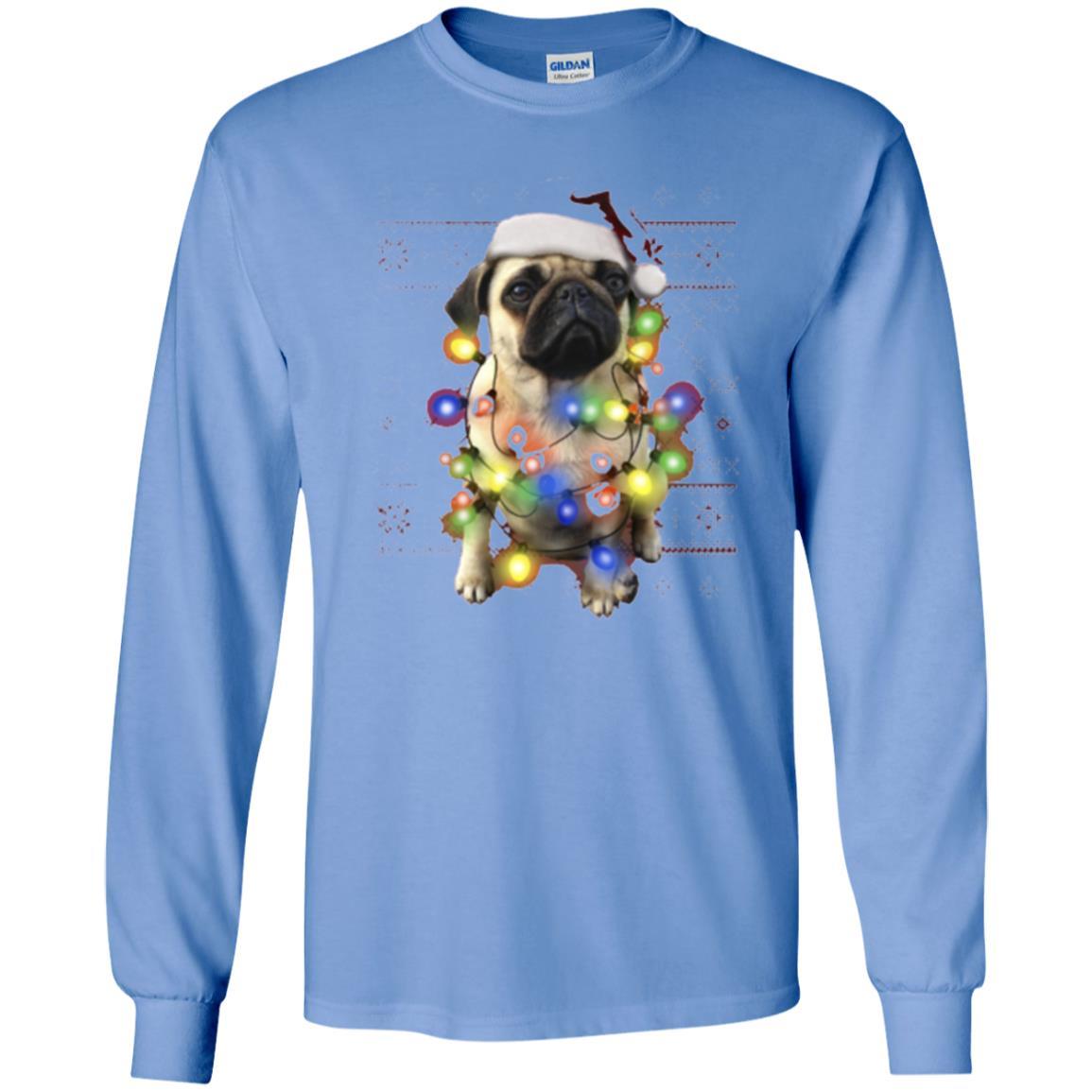 Dog Lover T-shirt Ugly Sweater Photoreal Christmas Lights Pug Graphic Carolina Blue