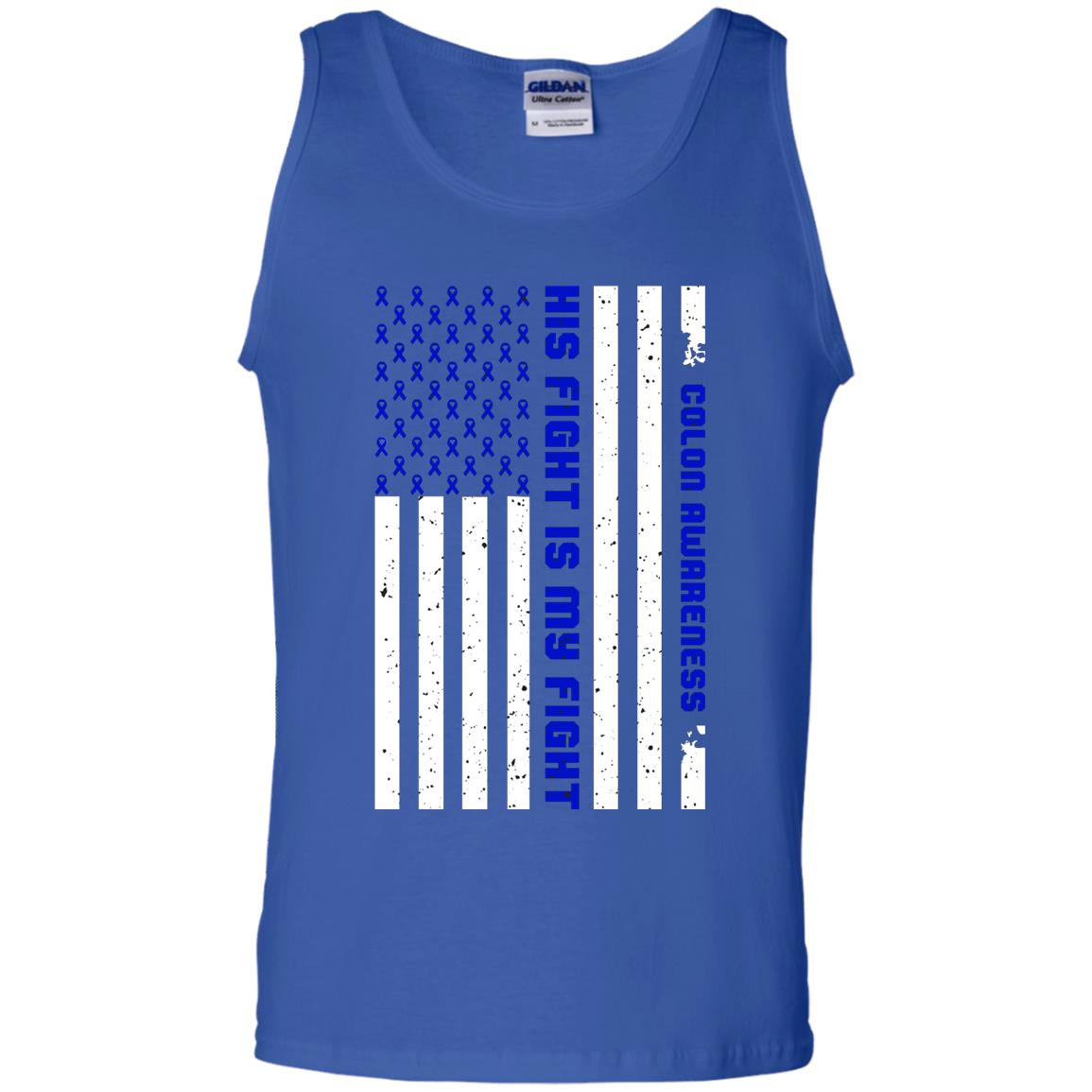 Colon Awareness His Fight Is My Fight Dark Blue Ribbon Stars Flag Of Usa Shirt Royal