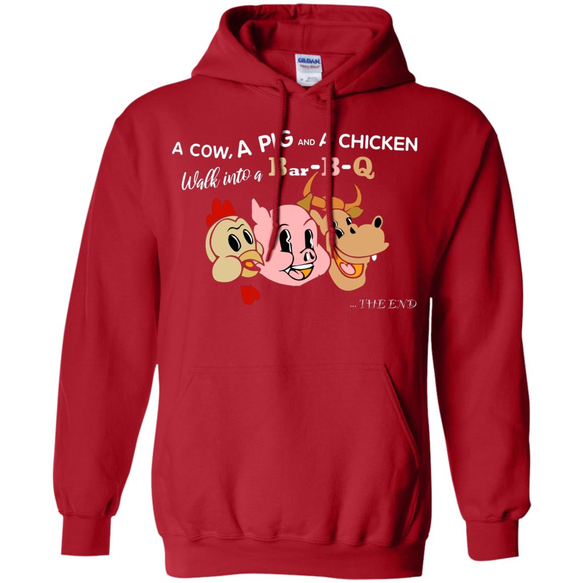 A Cow A Pig And A Chicken Walk Into A Bar-b-q The End Shirt Red
