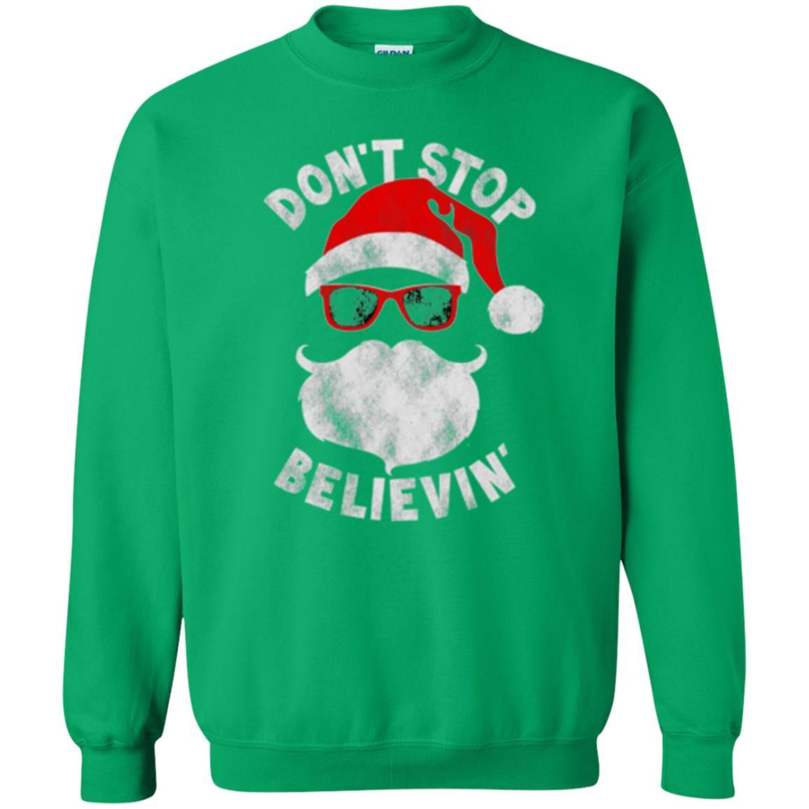 Christmas T-shirt Don't Stop Believing Cool Shades Santa Irish Green