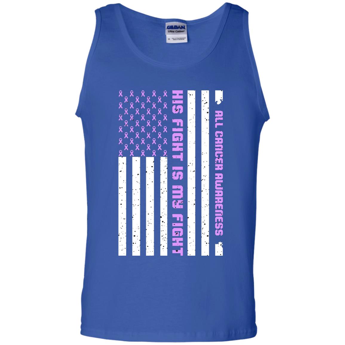 All Cancer Awareness His Fight Is My Fight Lavender Ribbon Stars Flag Of Usa Shirt Royal