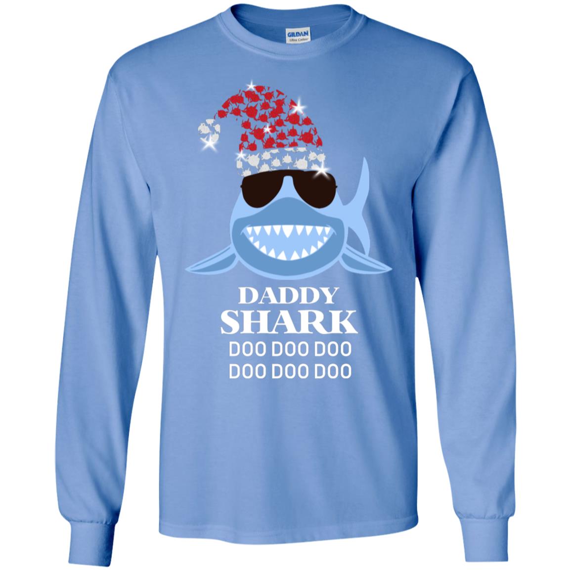 Daddy Shark With Santa Claus Hat Merry X-mas Family Shark Gift Shirt Carolina Blue