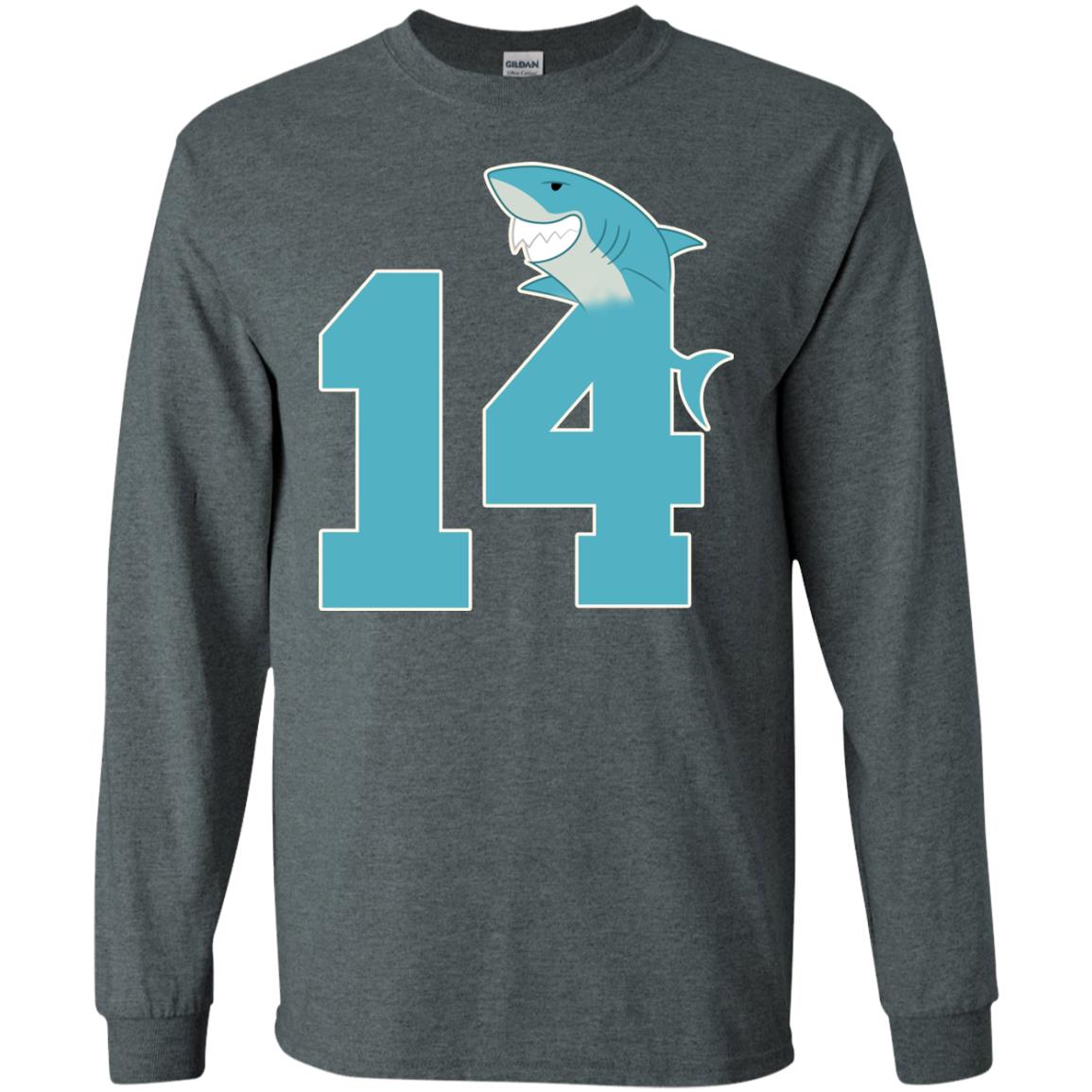 14th Birthday Shark Party Shirt Dark Heather