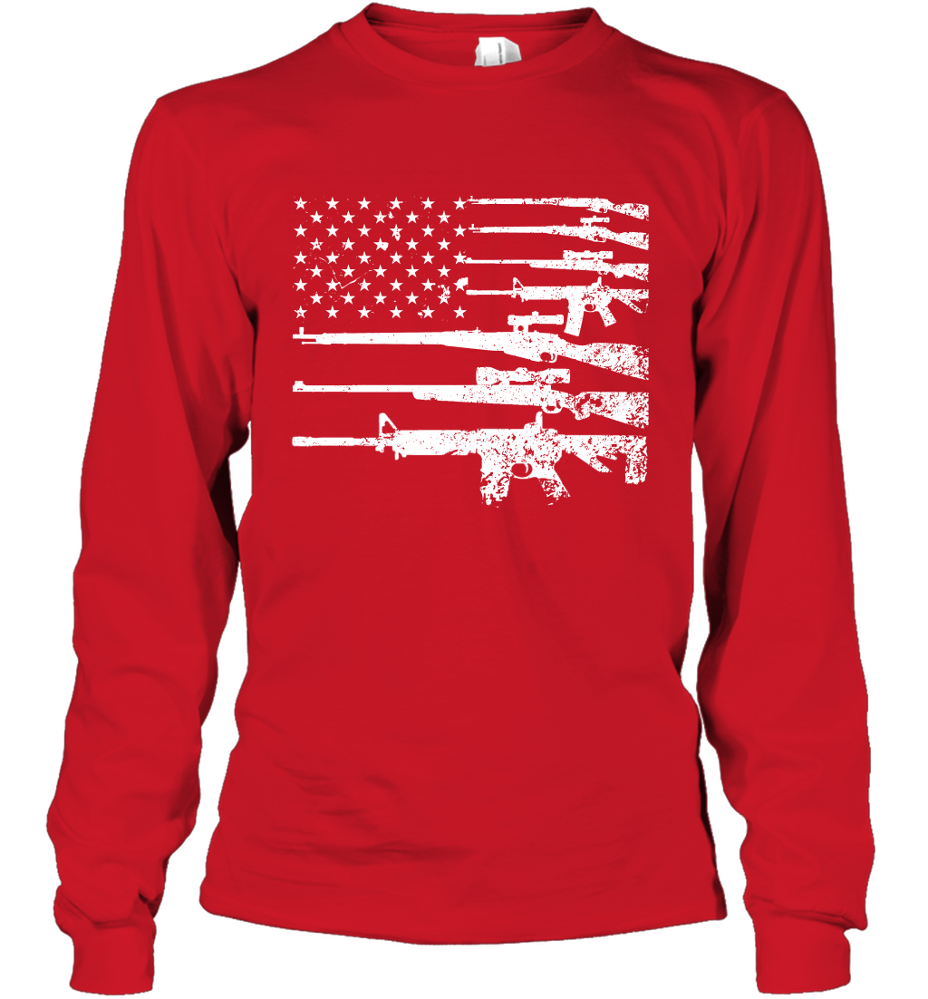 Gun US Flag Veteran Miltary Shirt Long Sleeve T-Shirt Long Sleeve T-Shirt Red