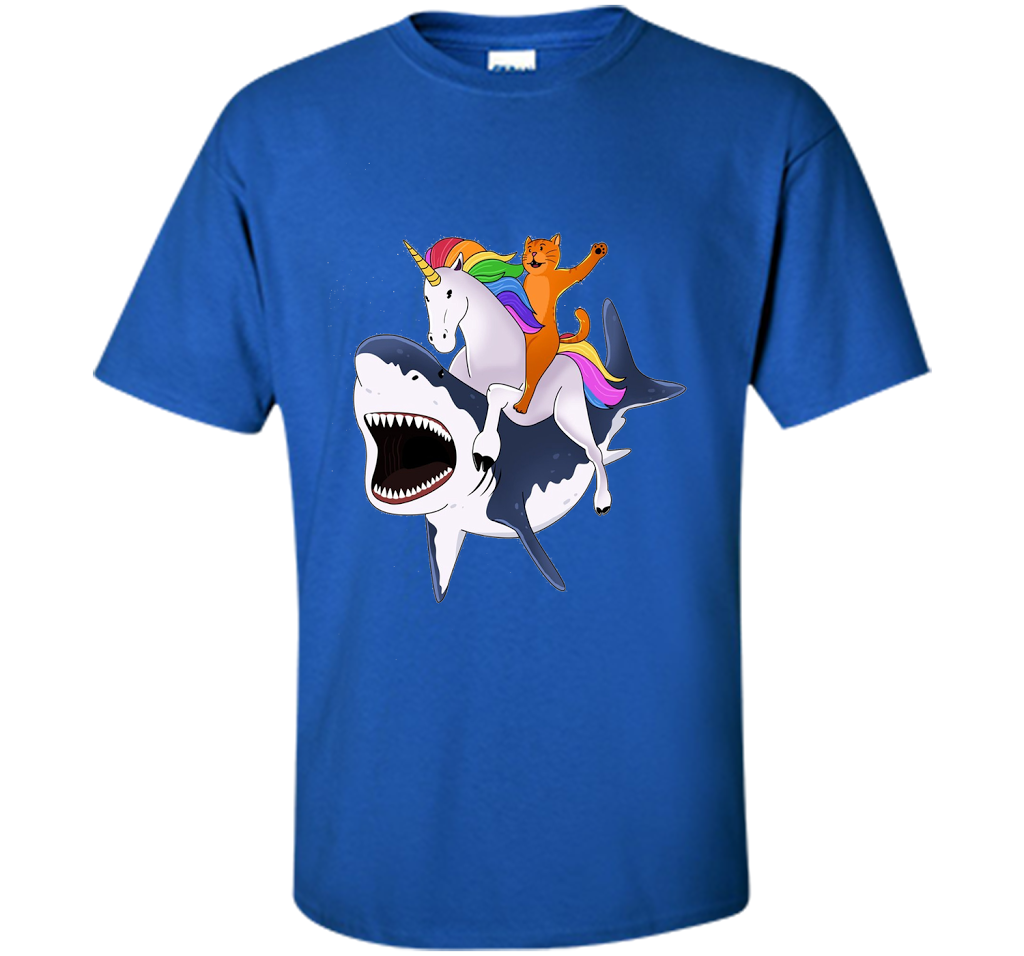 Cat Riding Unicorn Riding Shark T-shirt Royal