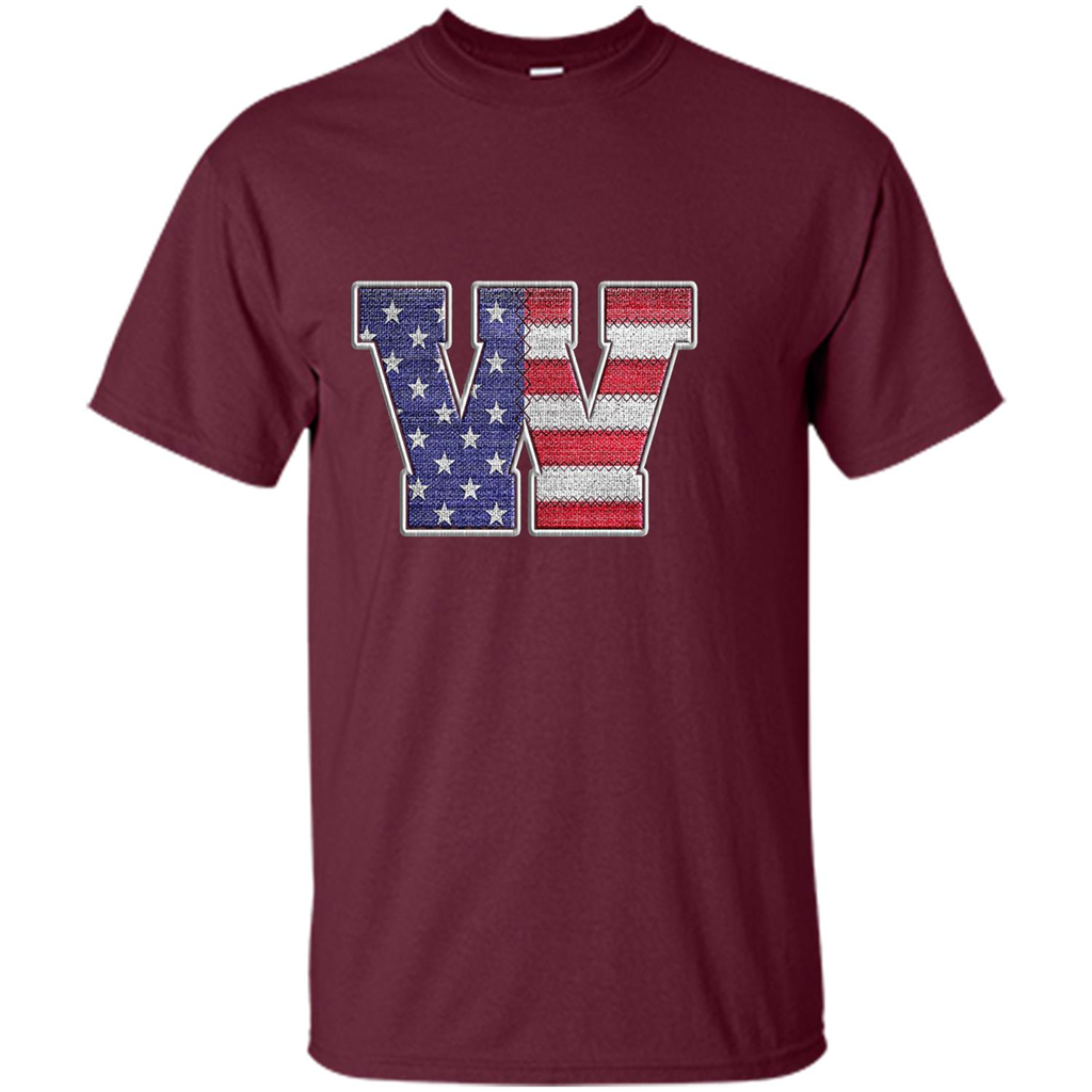 Patriotic T-shirt Letter W American Flag Embroidery Maroon