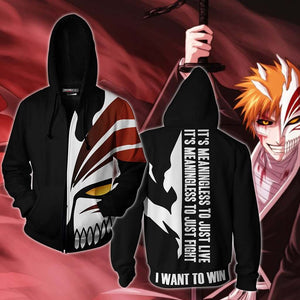 Bleach Ichigo I Want To Win Zip Up Hoodie Jacket XS  