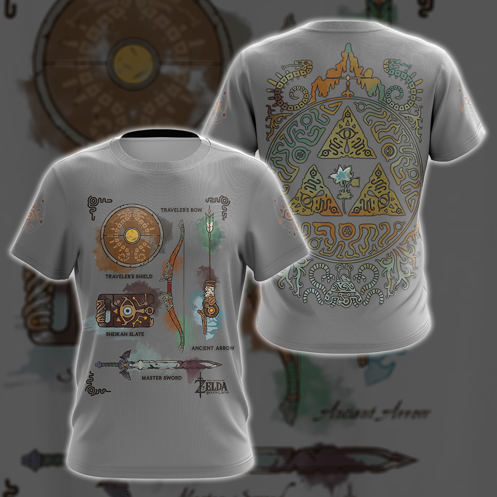 The Legend of Zelda Breath of The Wild Link Inventory Graphic All Over Print T-shirt Zip Hoodie Pullover Hoodie Grey T-shirt