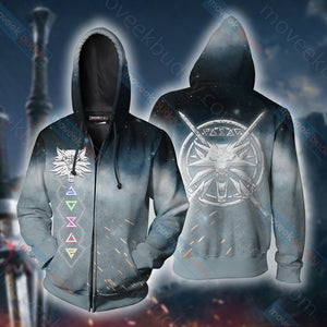 The Witcher 3 Wild Hunt Wild White Wolf Symbol Unisex 3D T-shirt Zip Hoodie XS 