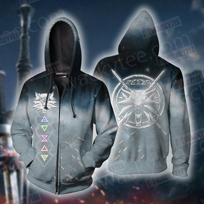 The Witcher 3 Wild Hunt Wild White Wolf Symbol 3D T-shirt Zip Hoodie