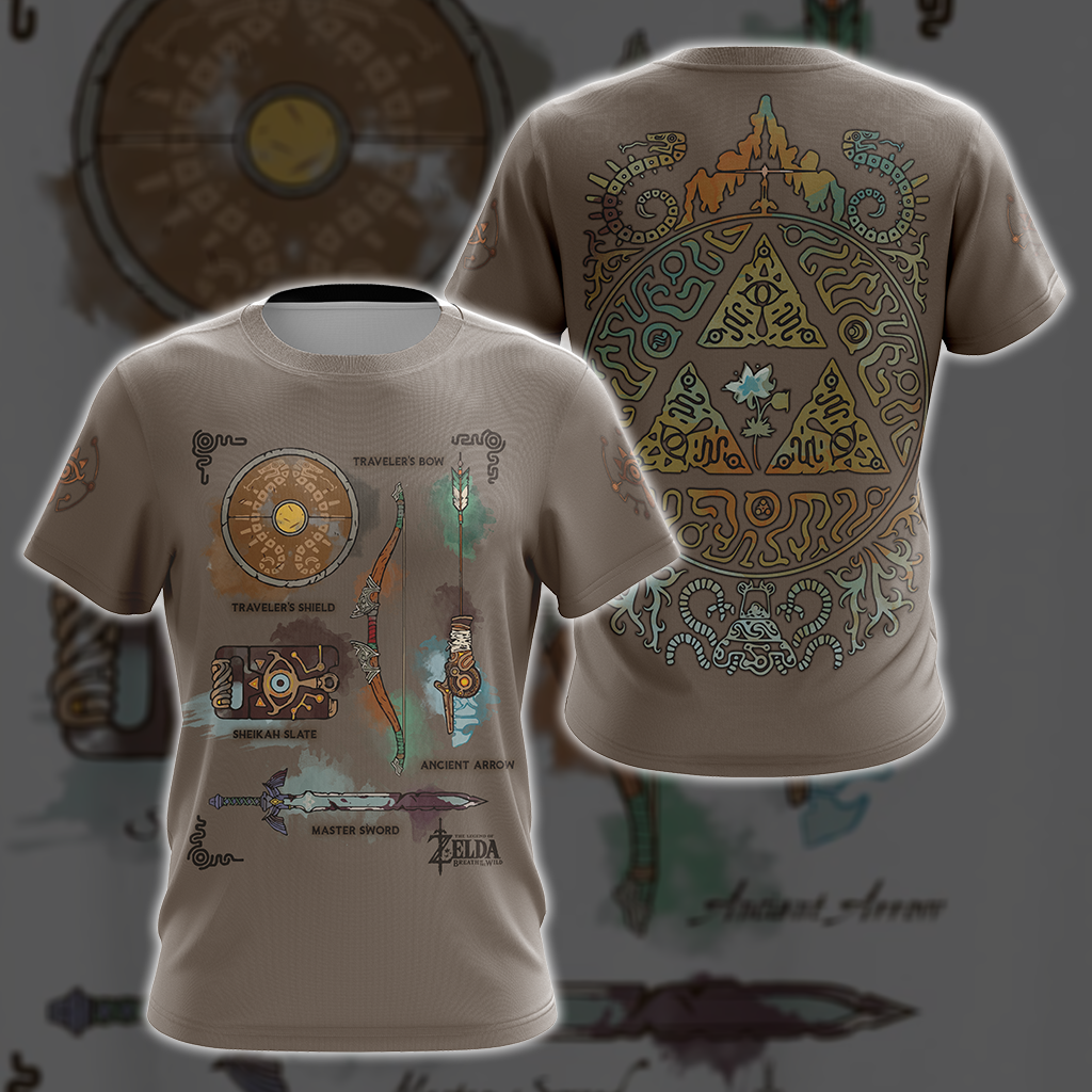 The Legend of Zelda Breath of The Wild Link Inventory Graphic All Over Print T-shirt Zip Hoodie Pullover Hoodie Brown T-shirt