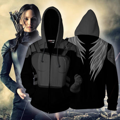 The Hunger Games: Mockingjay Katniss Everdeen (Black) Cosplay Zip Up Hoodie Jacket 5XL