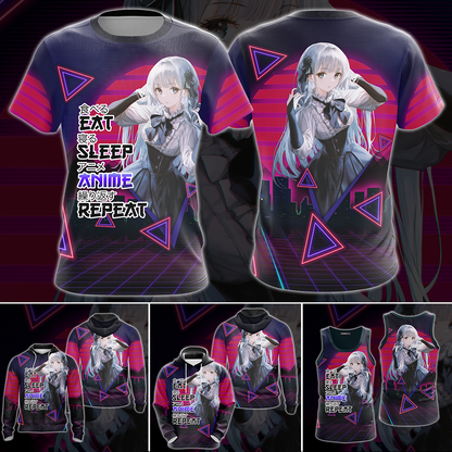 Eat Sleep Anime Repeat Anime Girl All Over Print T-shirt Tank Top Zip Hoodie Pullover Hoodie