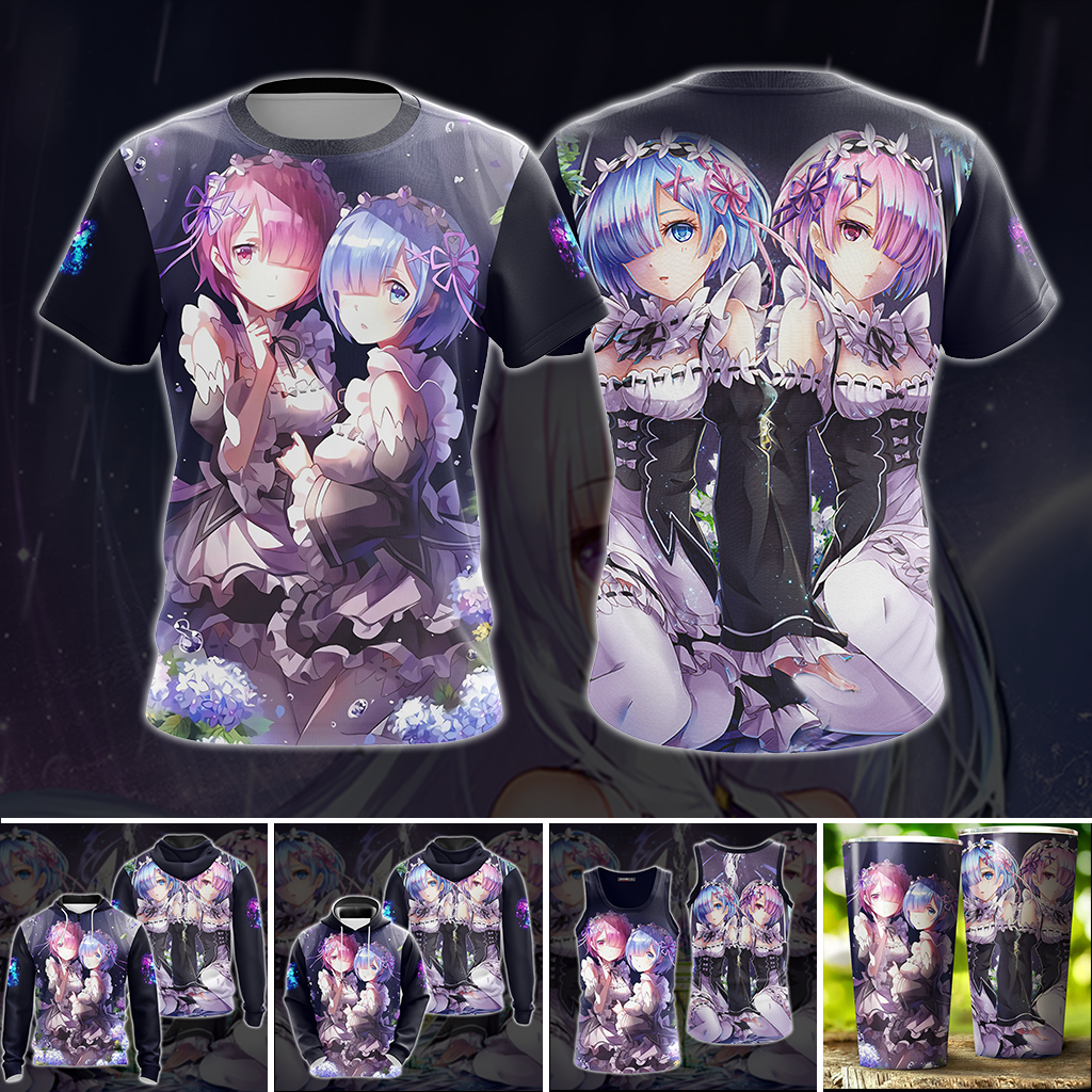 Rem & Ram Re:Zero All Over Print T-shirt Tank Top Zip Hoodie Pullover Hoodie   