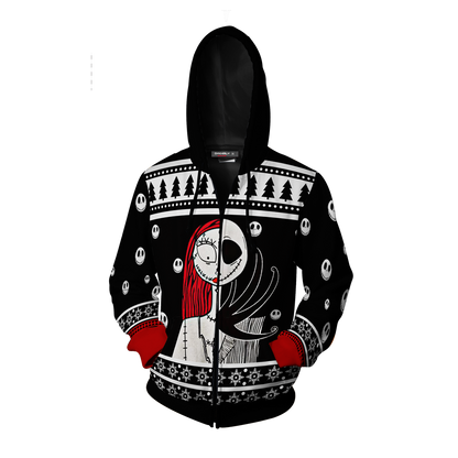 The Nightmare Before Christmas Jack & Sally Ugly Christmas Zip Up Hoodie
