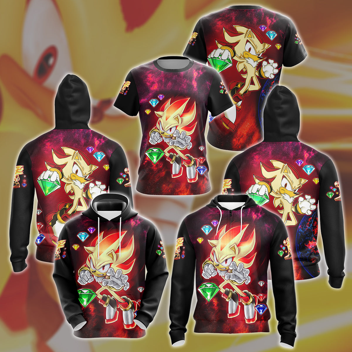 Sonic Super Shadow Chaos Emeralds Video Game All Over Printed T-shirt Tank Top Zip Hoodie Pullover Hoodie Hawaiian Shirt Beach Shorts Joggers
