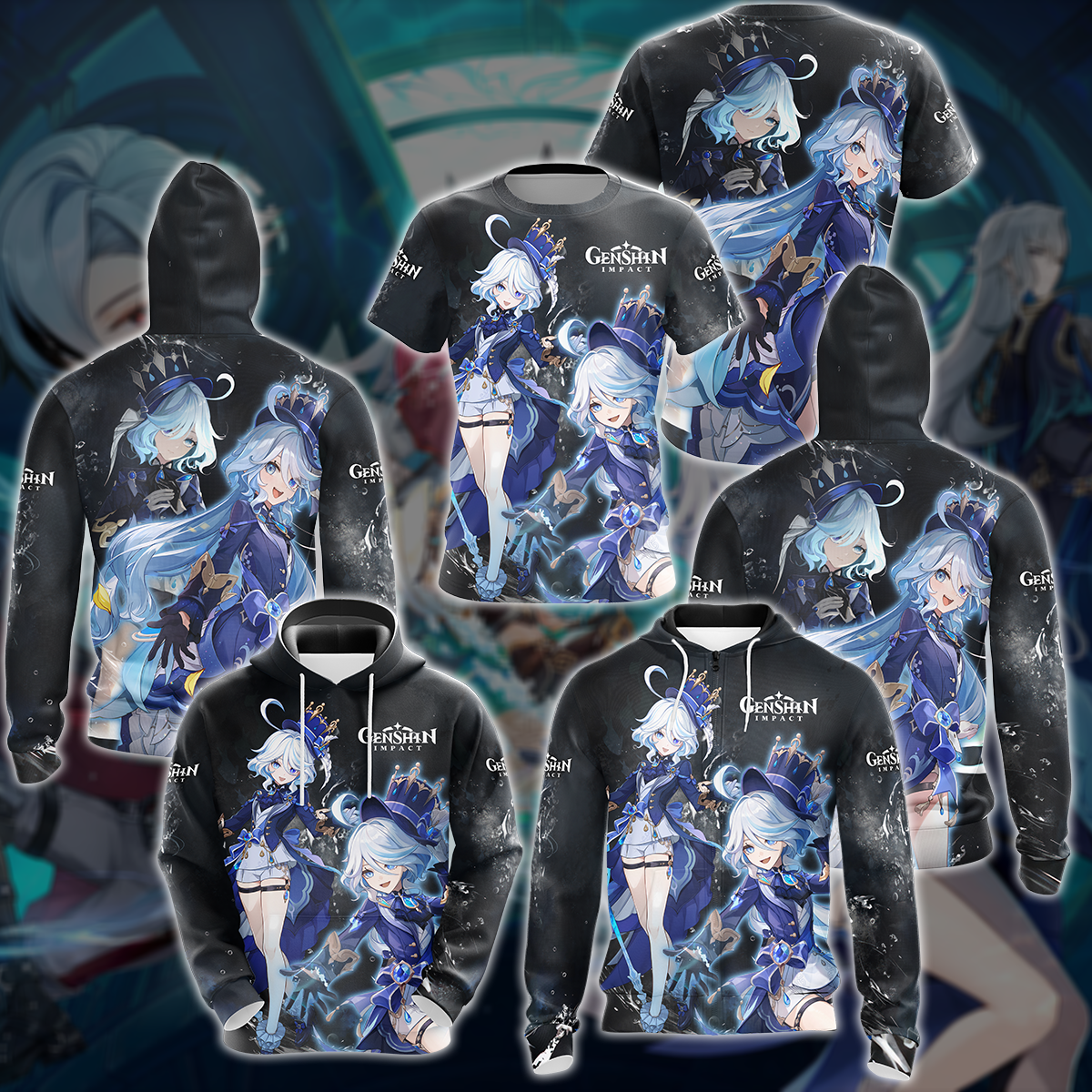 Furina Genshin Impact Video Game All Over Printed T-shirt Tank Top Zip Hoodie Pullover Hoodie Hawaiian Shirt Beach Shorts Joggers