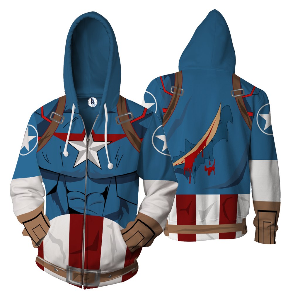 Captain America Cosplay Zip Up Hoodie Jacket 5XL