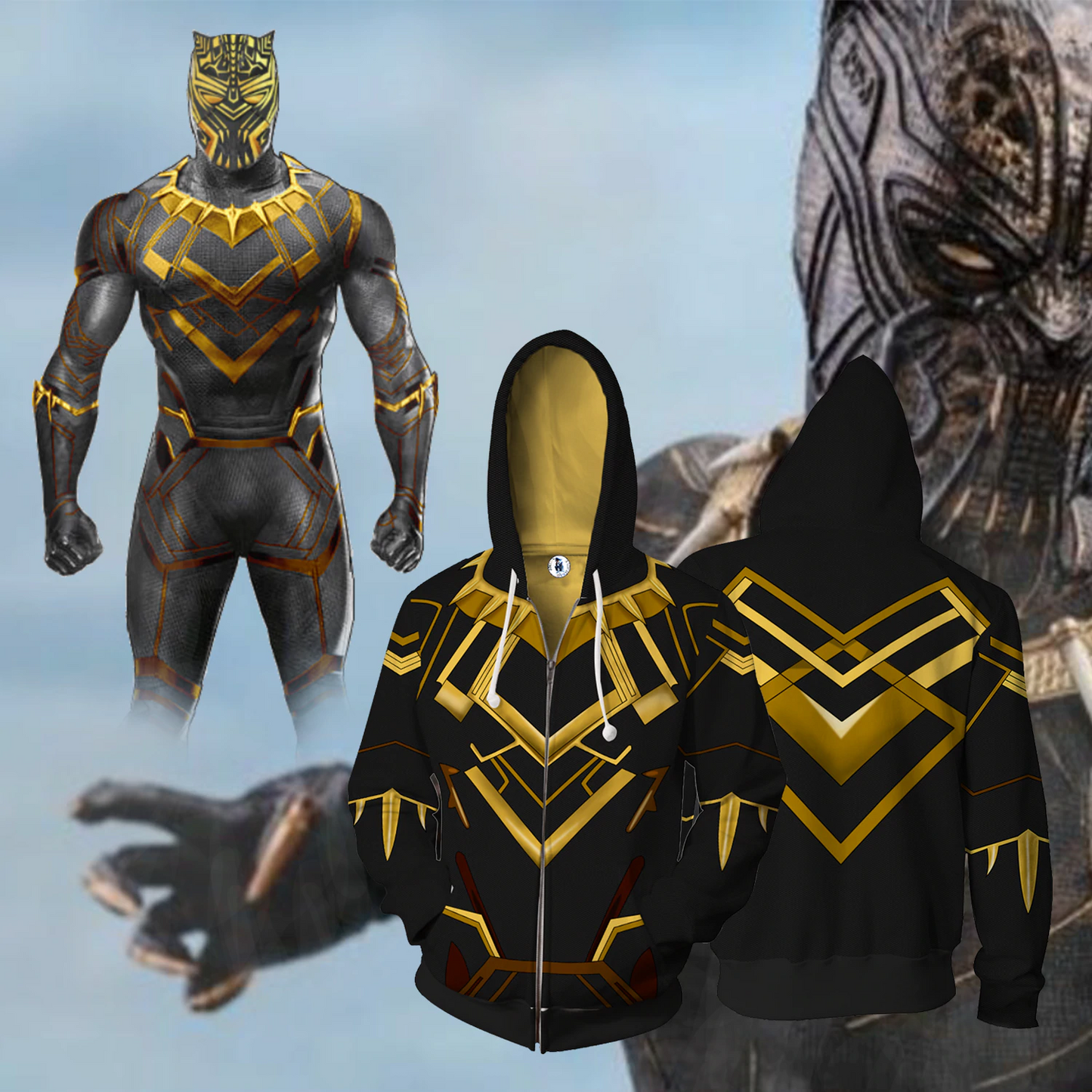 Black Panther Cosplay Zip Up Hoodie Jacket 5XL