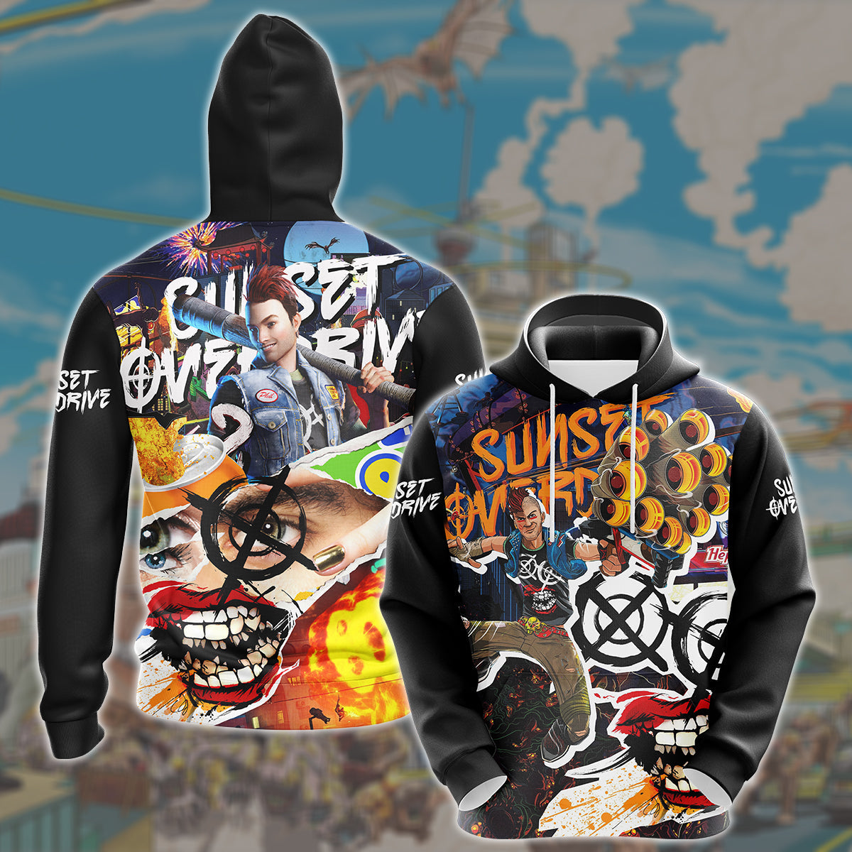 Sunset Overdrive Video Game All Over Printed T-shirt Tank Top Zip Hoodie Pullover Hoodie Hawaiian Shirt Beach Shorts Joggers Hoodie