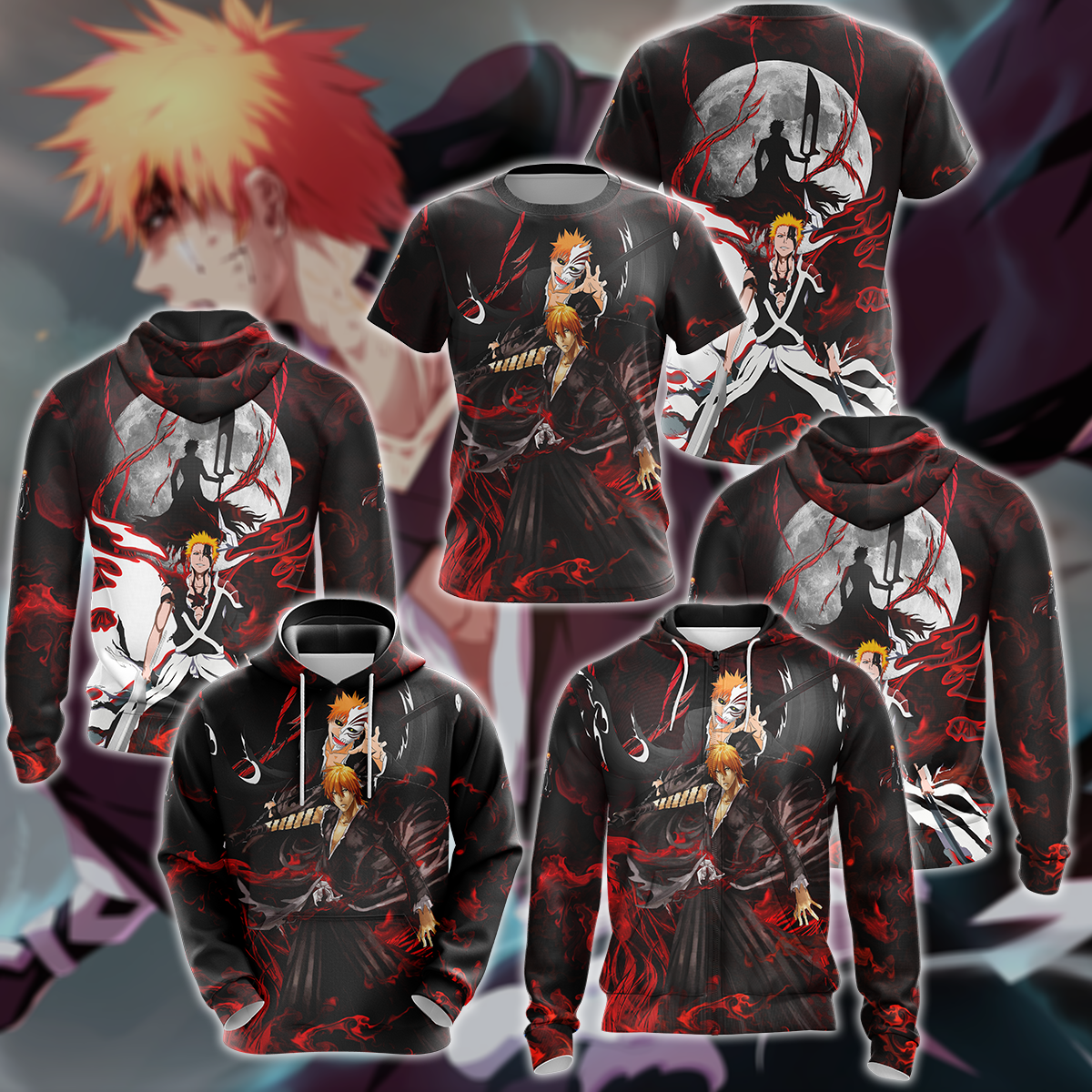 Bleach Ichigo Kurasaki Anime Manga 3D All Over Print T-shirt Tank Top Zip Hoodie Pullover Hoodie Hawaiian Shirt Beach Shorts Jogger