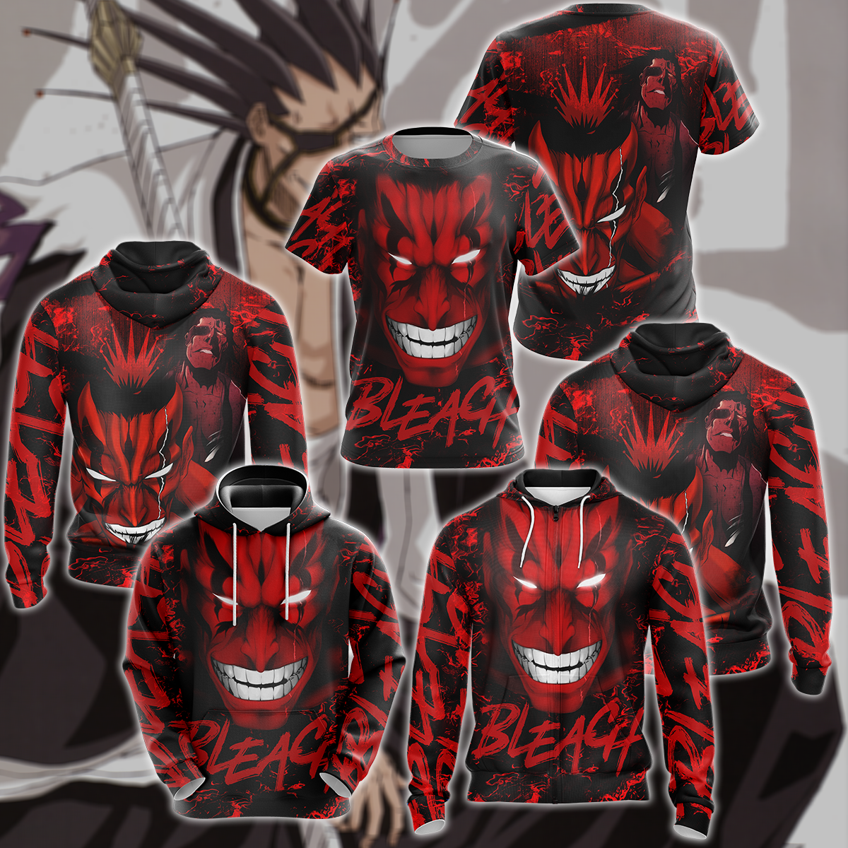 Bleach Kenpachi Zaraki Anime Manga 3D All Over Print T-shirt Tank Top Zip Hoodie Pullover Hoodie Hawaiian Shirt Beach Shorts Jogger
