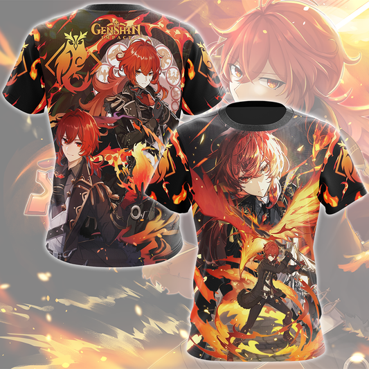 Genshin Impact Diluc Video Game All Over Printed T-shirt Tank Top Zip Hoodie Pullover Hoodie Hawaiian Shirt Beach Shorts Joggers T-shirt