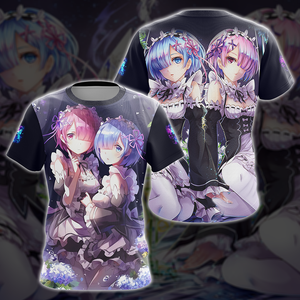 Rem & Ram Re:Zero All Over Print T-shirt Tank Top Zip Hoodie Pullover Hoodie T-shirt S 