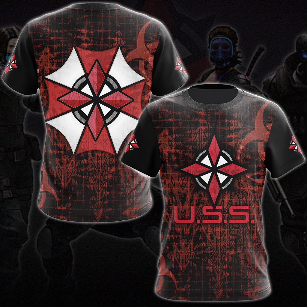 Resident Evil Umbrella Security Service (U.S.S.) Video Game All Over Printed T-shirt Tank Top Zip Hoodie Pullover Hoodie Hawaiian Shirt Beach Shorts Joggers