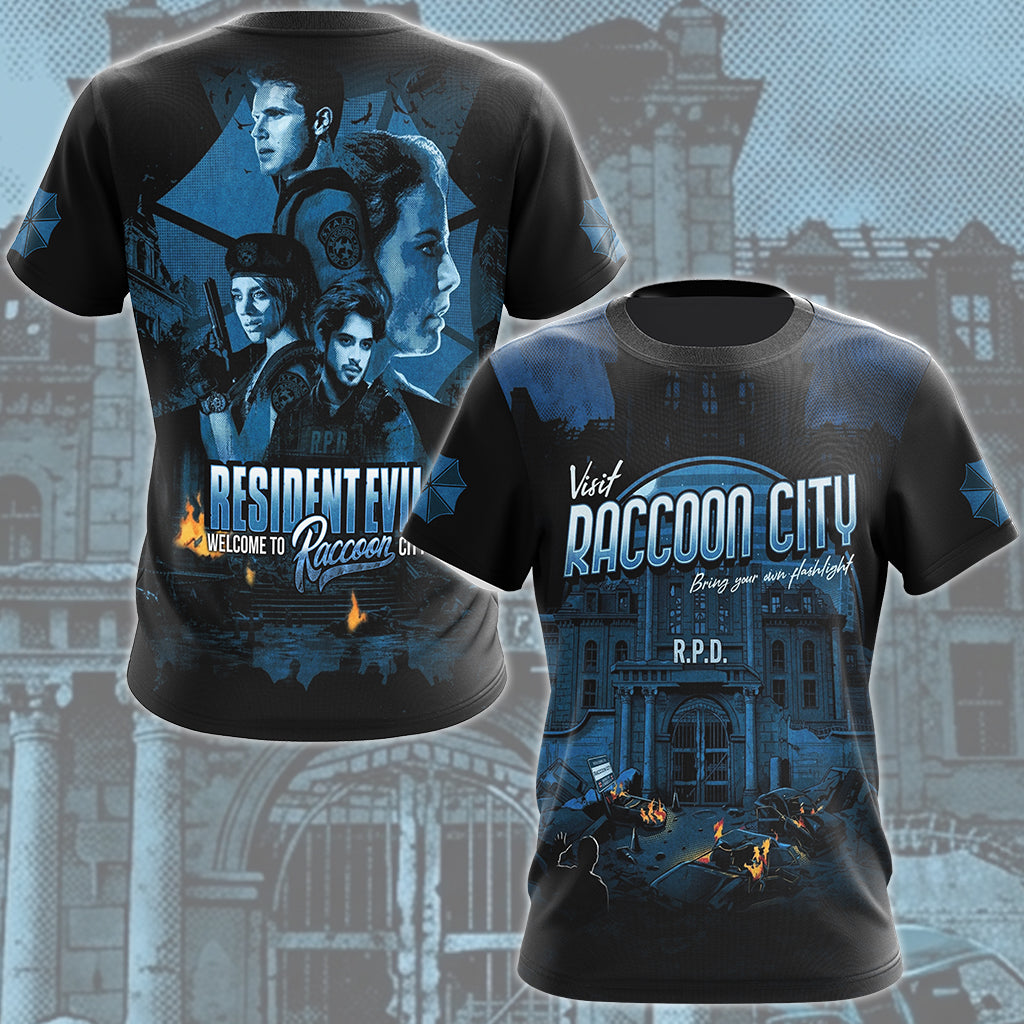 Resident Evil 'Visit Raccoon City' Video Game MAll Over Printed T-shirt Tank Top Zip Hoodie Pullover Hoodie Hawaiian Shirt Beach Shorts Joggers T-shirt