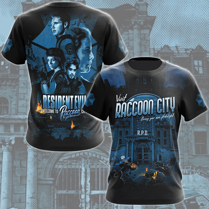 Resident Evil 'Visit Raccoon City' Video Game MAll Over Printed T-shirt Tank Top Zip Hoodie Pullover Hoodie Hawaiian Shirt Beach Shorts Joggers T-shirt
