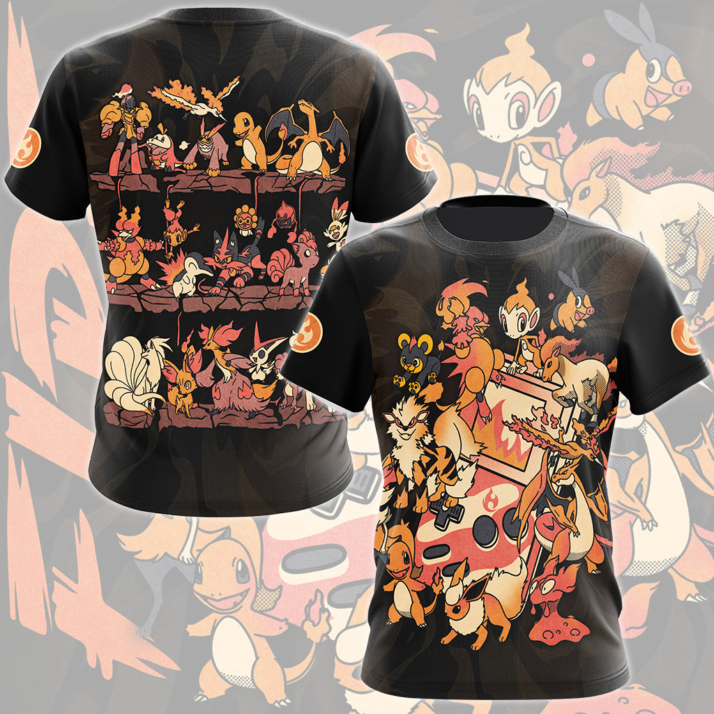 Pokemon Fire Type Club Video Game All Over Printed T-shirt Tank Top Zip Hoodie Pullover Hoodie Hawaiian Shirt Beach Shorts Joggers