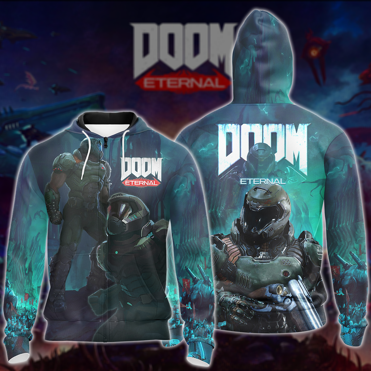 Doom Eternal Video Game All Over Printed T-shirt Tank Top Zip Hoodie Pullover Hoodie Hawaiian Shirt Beach Shorts Joggers Zip Hoodie
