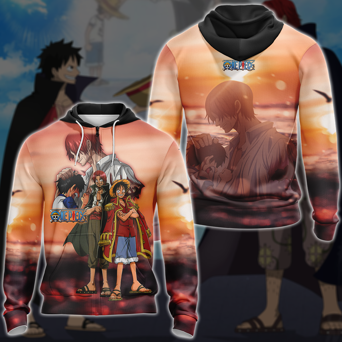 One Piece Luffy x Shanks Anime Manga 3D All Over Print T-shirt Tank Top Zip Hoodie Pullover Hoodie Hawaiian Shirt Beach Shorts Jogger Zip Hoodie
