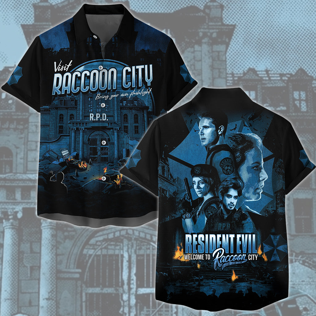 Resident Evil 'Visit Raccoon City' Video Game MAll Over Printed T-shirt Tank Top Zip Hoodie Pullover Hoodie Hawaiian Shirt Beach Shorts Joggers Hawaiian Shirt