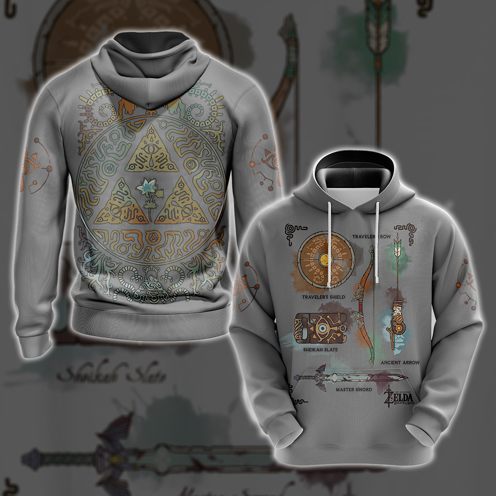 The Legend of Zelda Breath of The Wild Link Inventory Graphic All Over Print T-shirt Zip Hoodie Pullover Hoodie Grey Hoodie