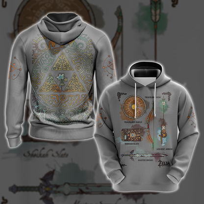 The Legend of Zelda Breath of The Wild Link Inventory Graphic All Over Print T-shirt Zip Hoodie Pullover Hoodie Grey Hoodie
